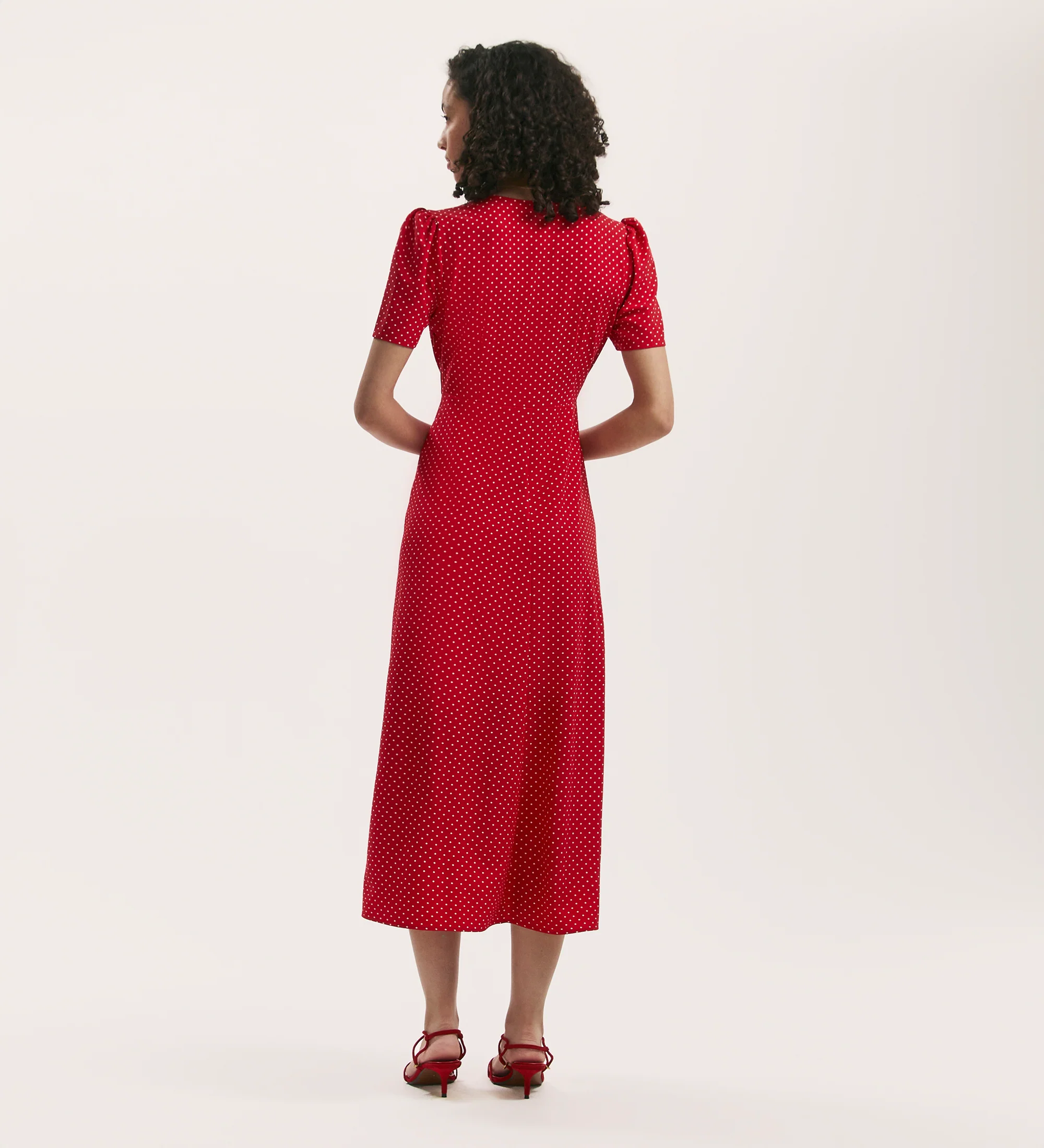 Nieve Red Polka Dot Crepe Midi Tea Dress - Image 4