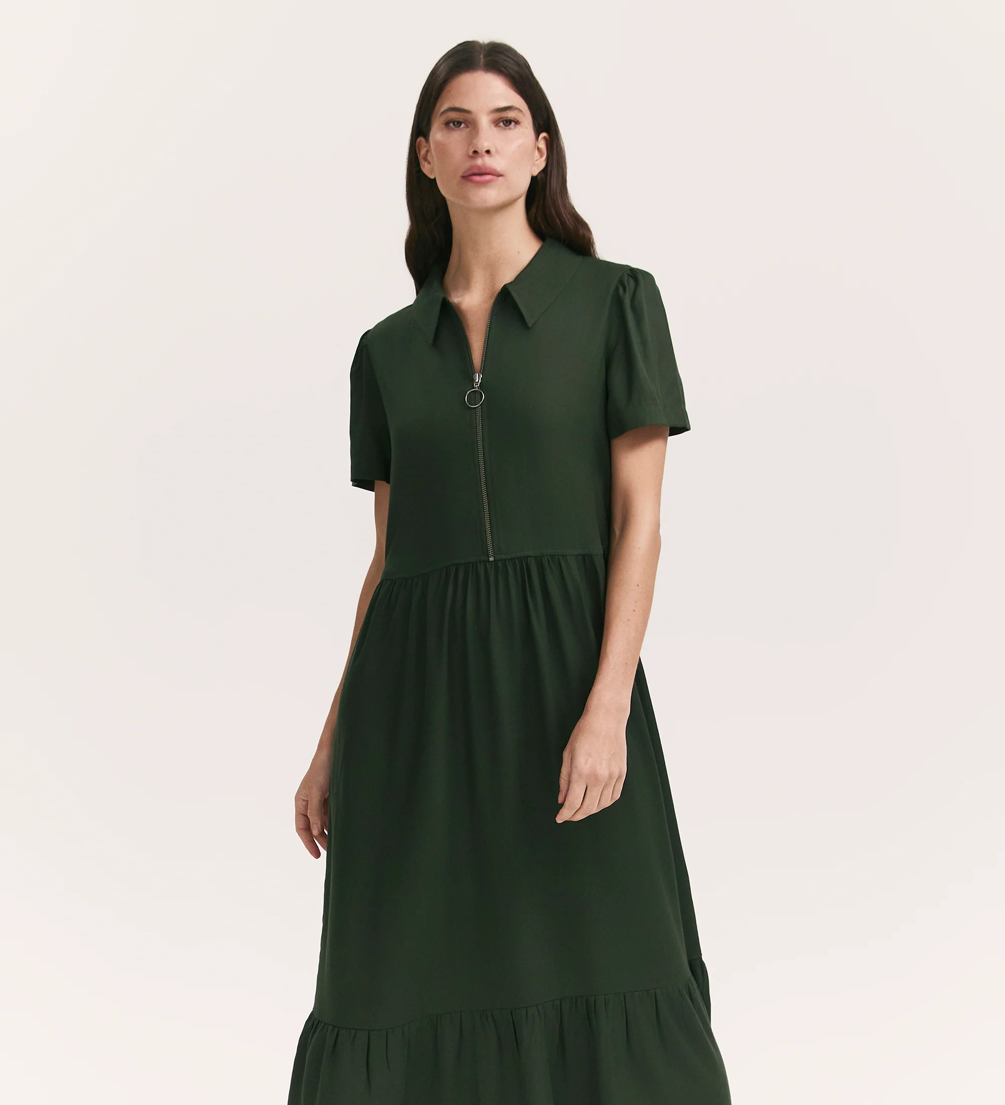 Orion Dark Khaki Zip Front Midi Shirt Dress - Image 3