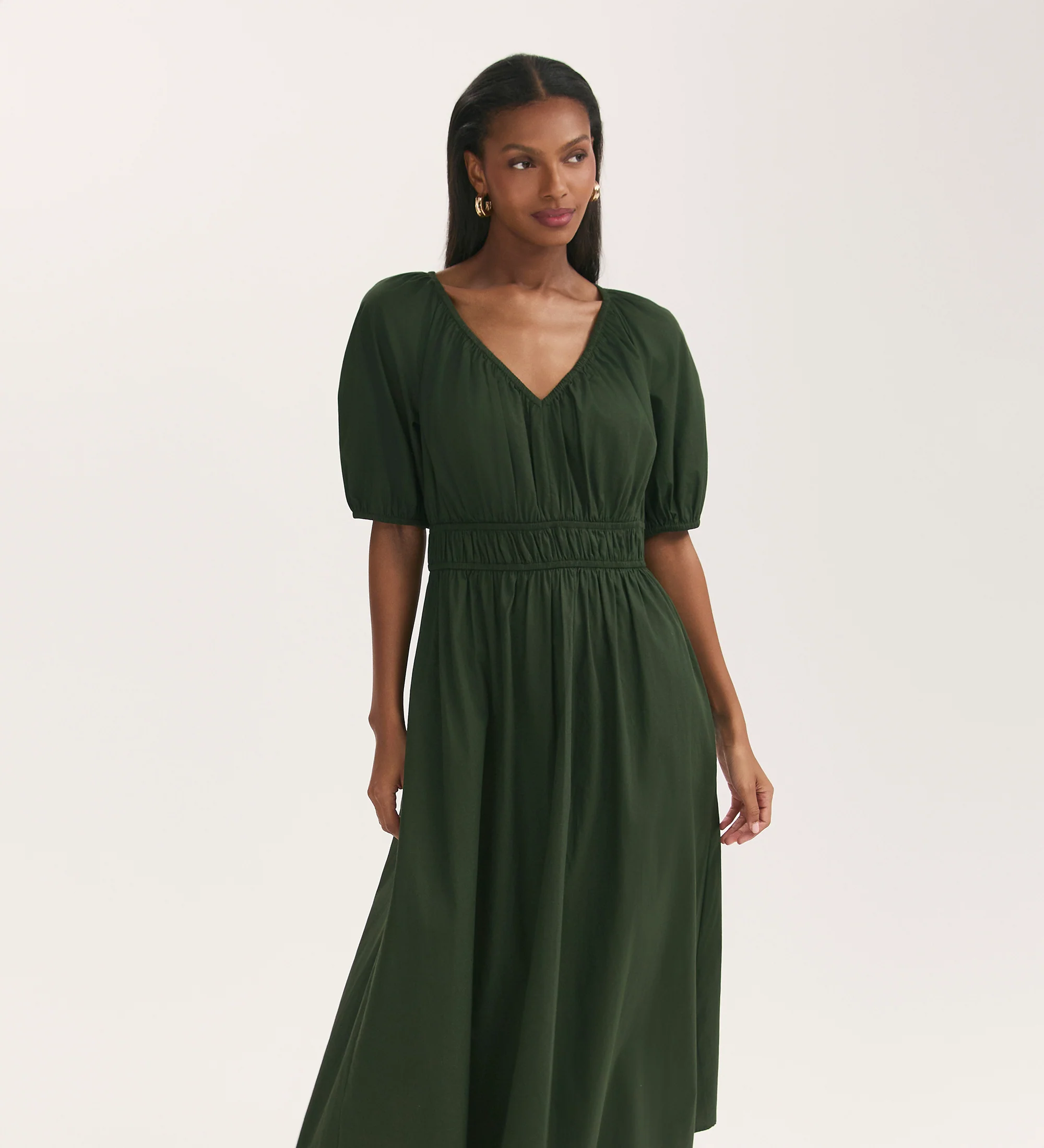 Piper Dark Khaki Cotton Midi Smock Dress - Image 3