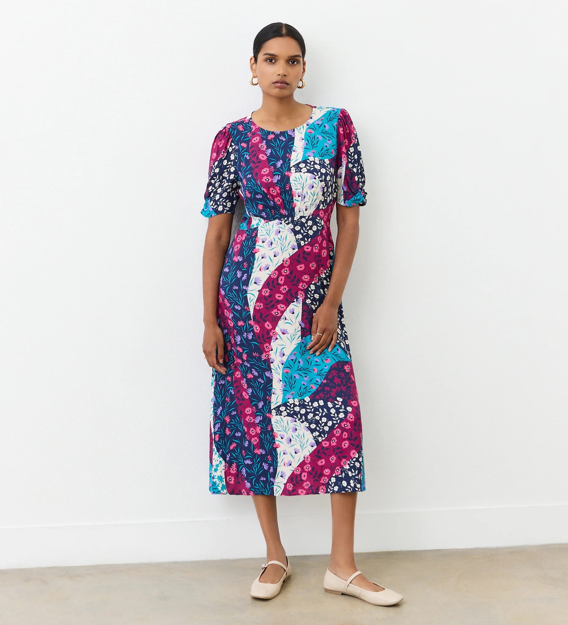 Prue Magenta Patchwork Floral Crepe Midi Dress - Image 3