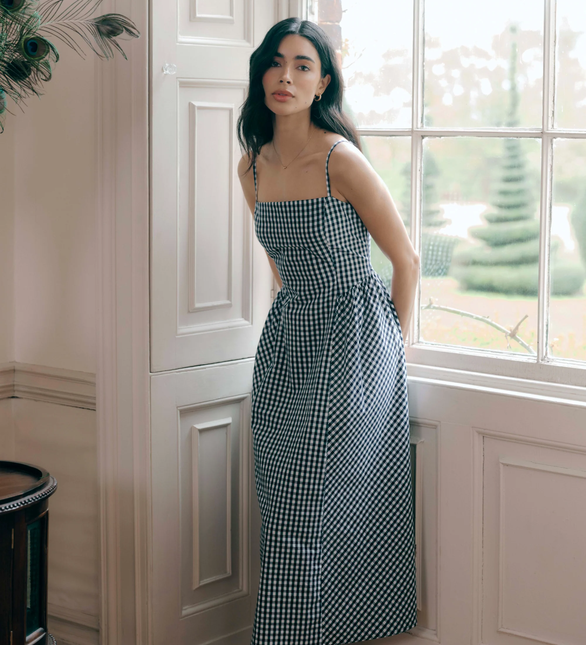 Romina Navy Cotton Gingham Fitted Midi Dress - Image 3