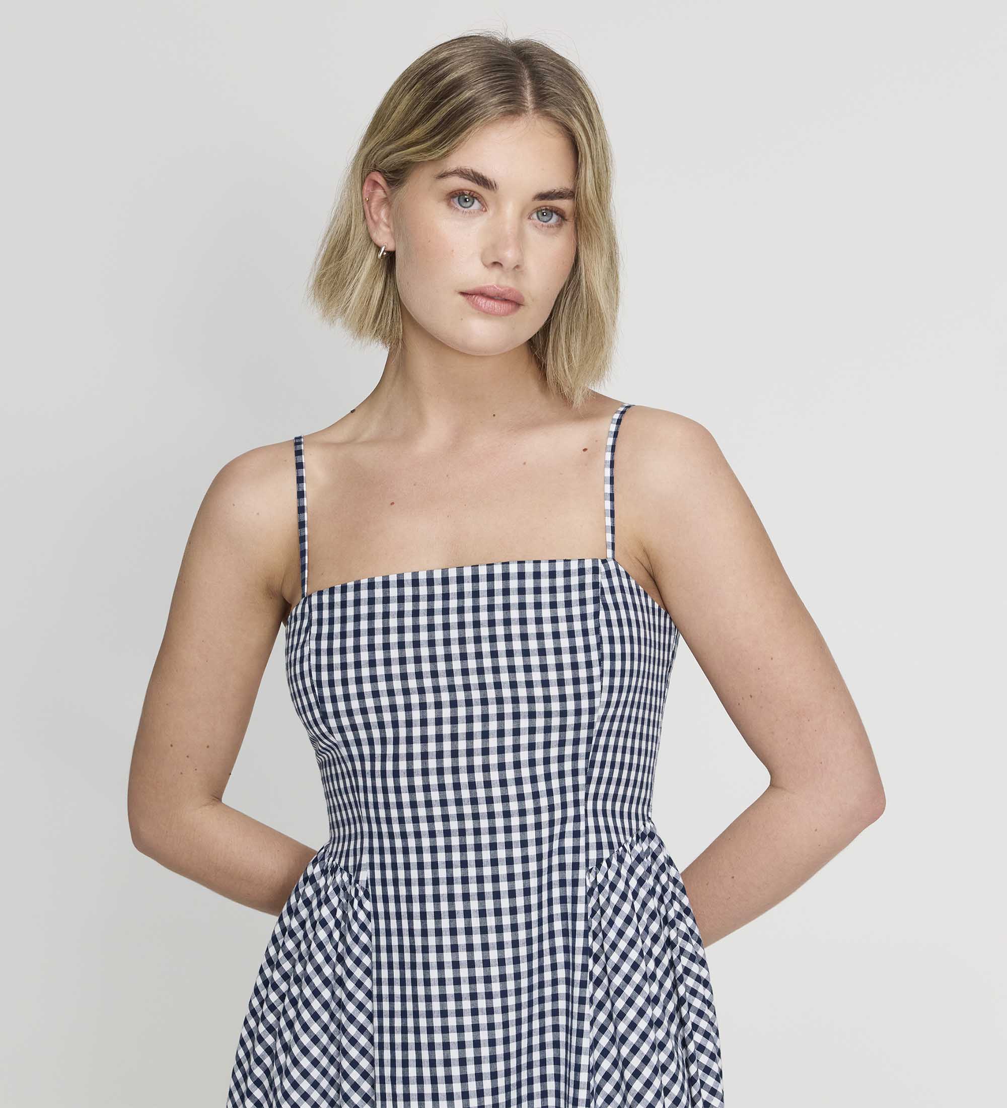 Romina Navy Cotton Gingham Fitted Midi Dress - Image 7