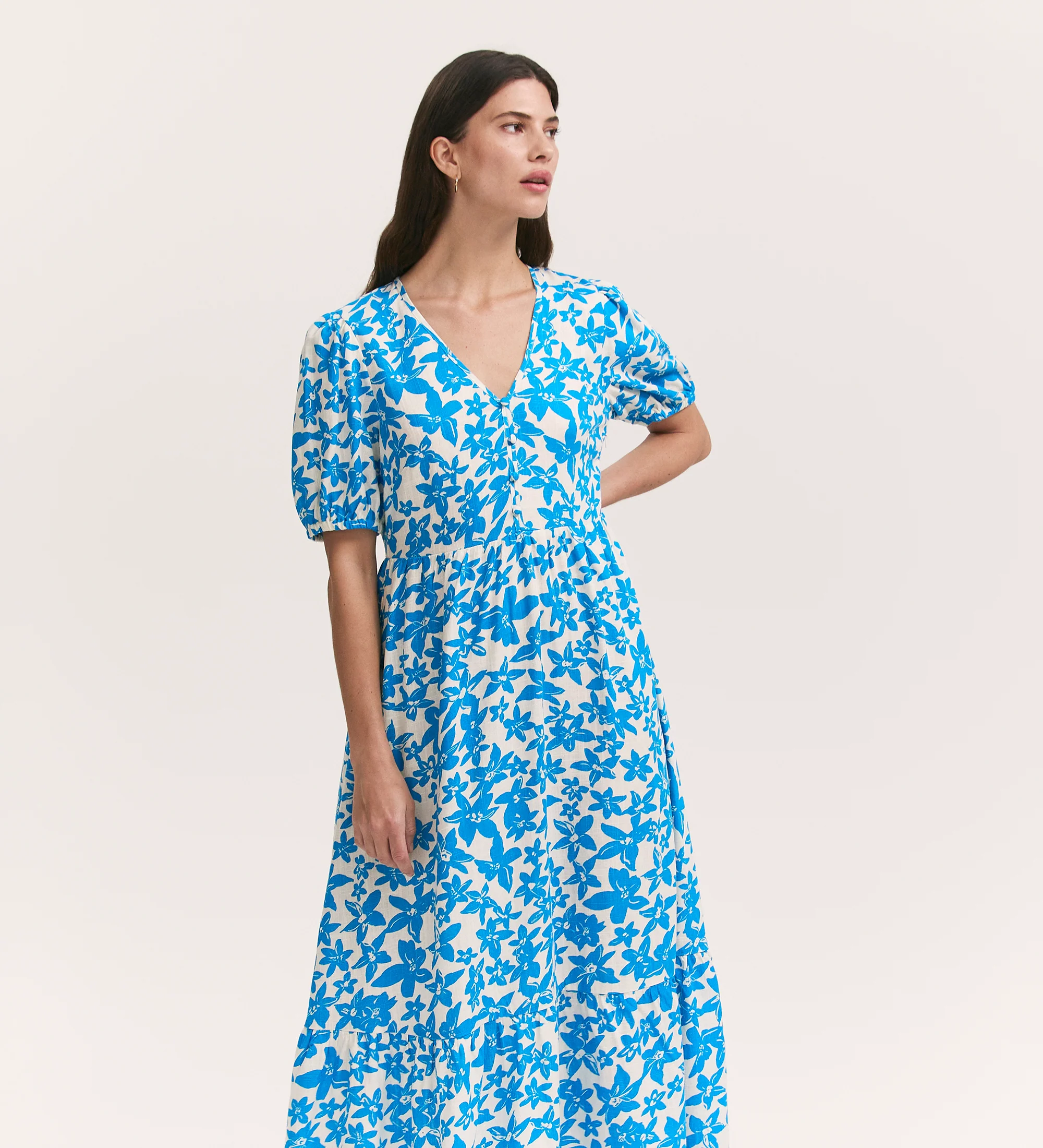 Sabine Blue Flower Linen Blend Midi Tiered Dress - Image 3