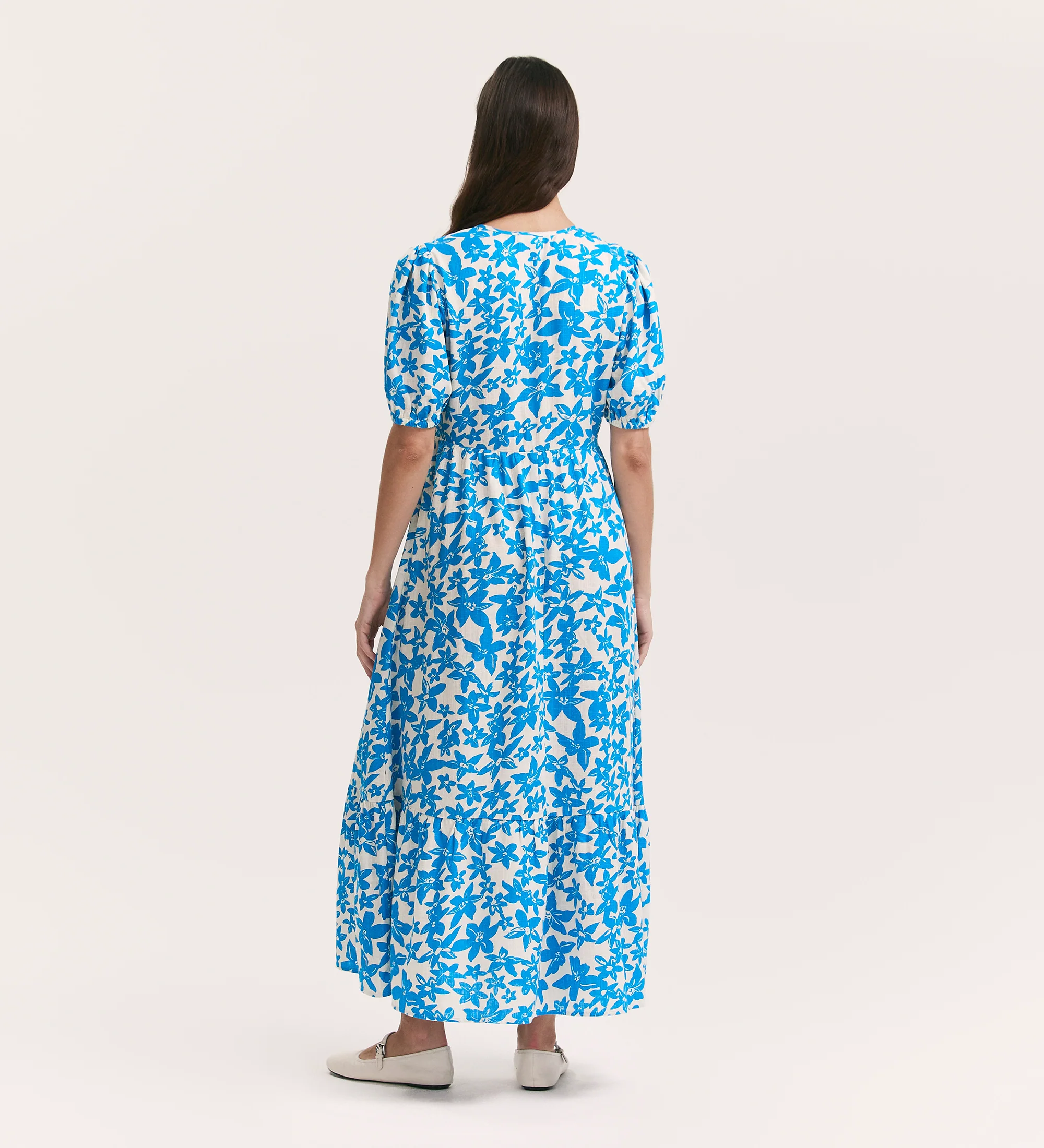 Sabine Blue Flower Linen Blend Midi Tiered Dress - Image 4