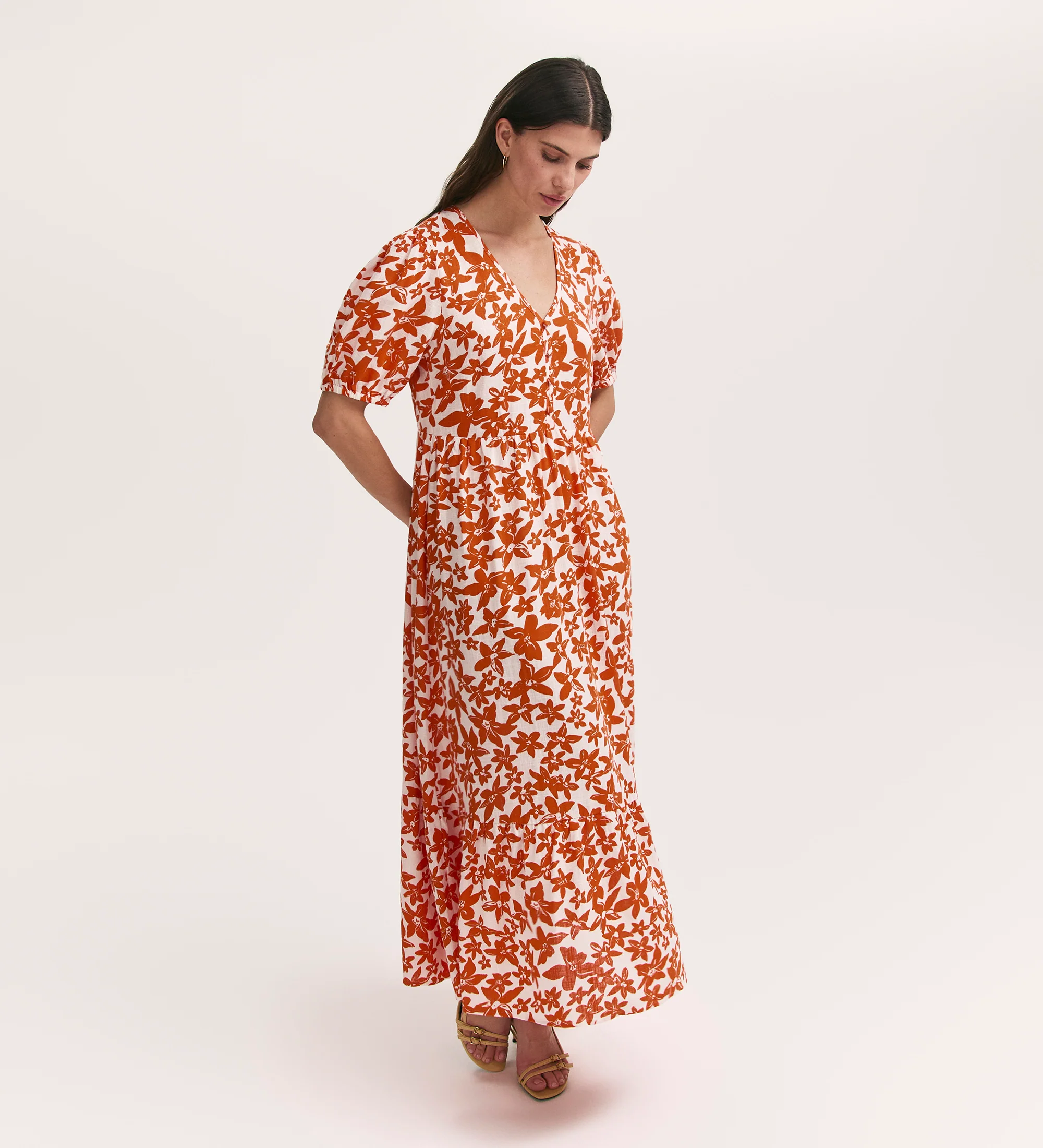 Sabine Orange Flowers Linen Blend Midi Tiered Dress - Image 3