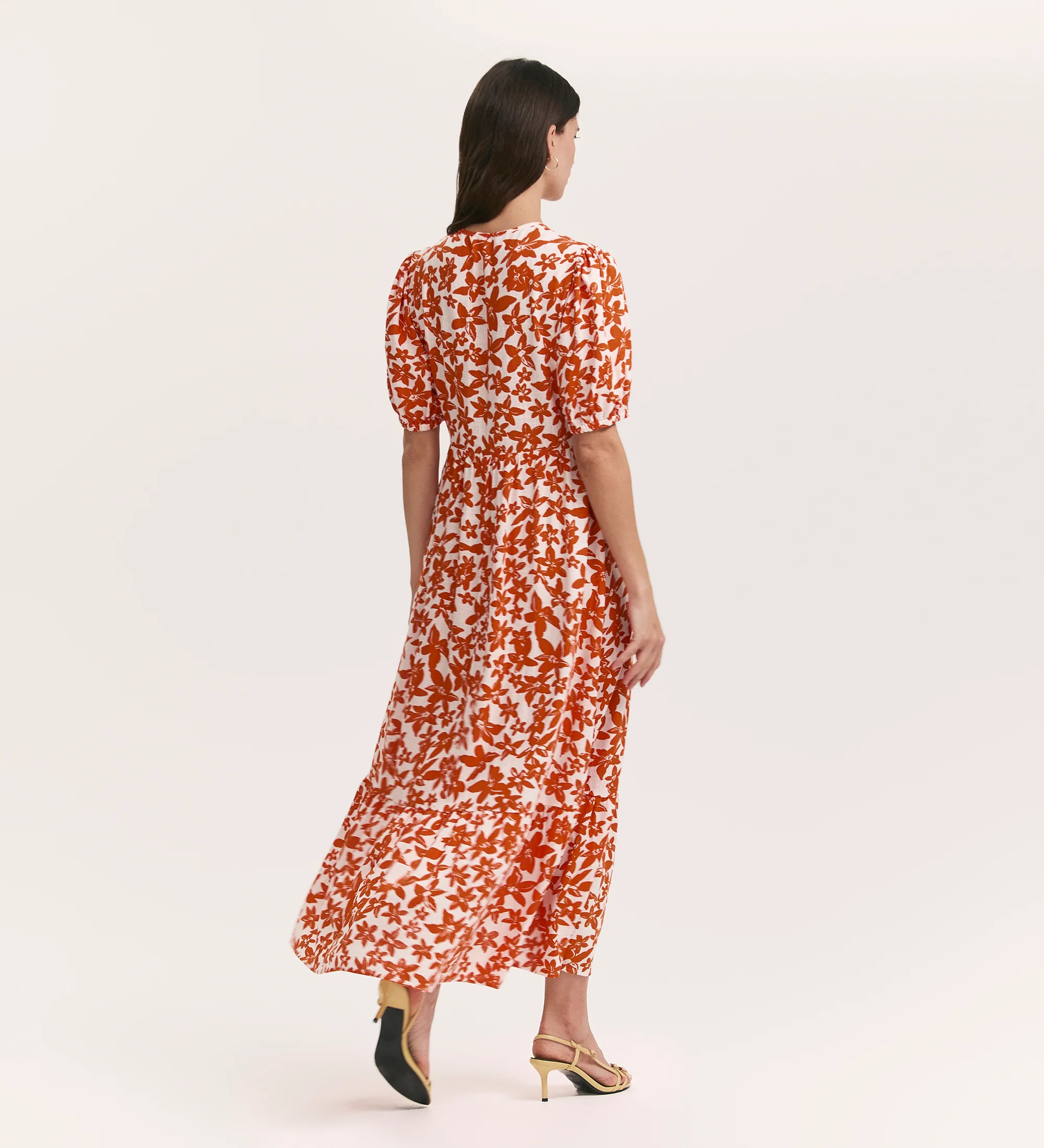 Sabine Orange Flowers Linen Blend Midi Tiered Dress - Image 4