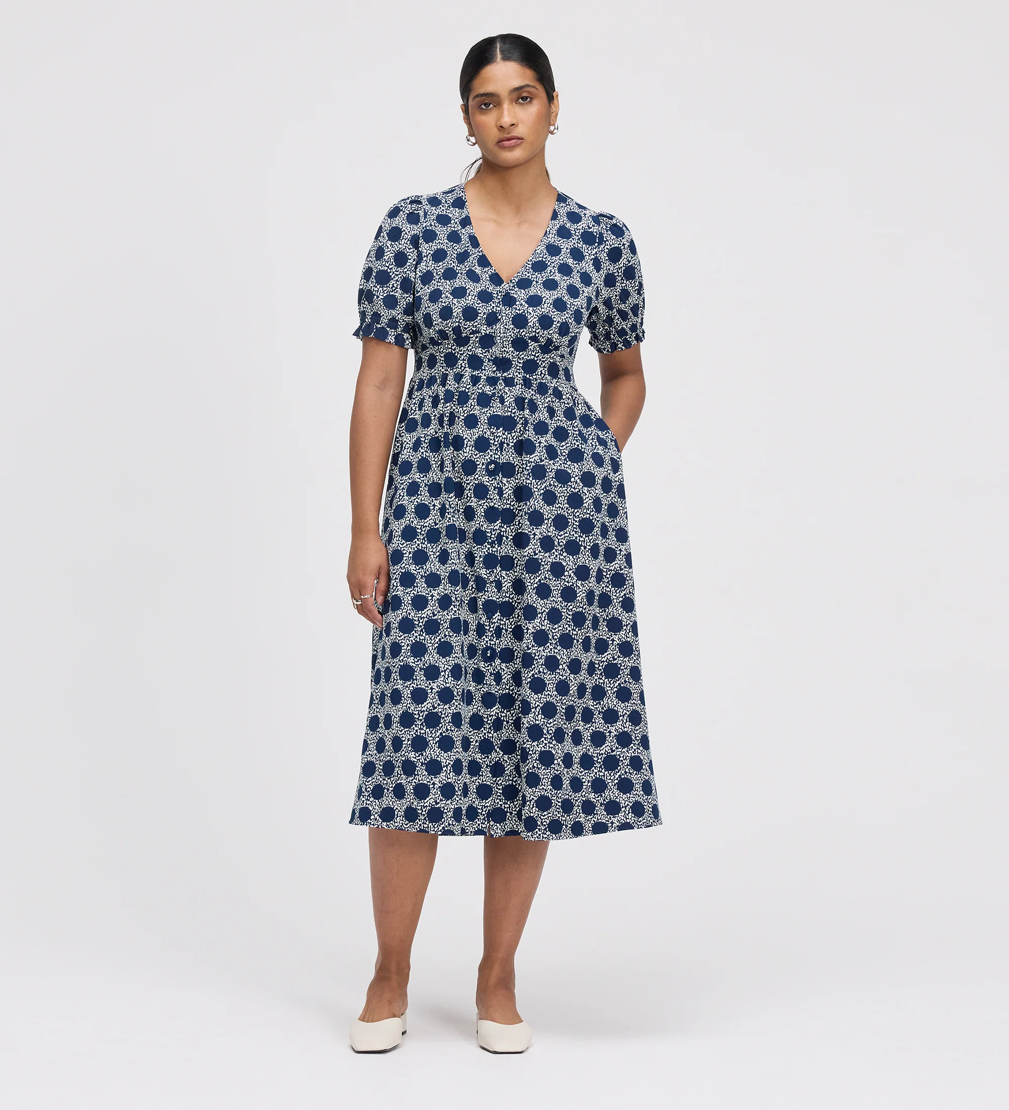 Samantha Navy Polka Dot Button Through Midi Dress