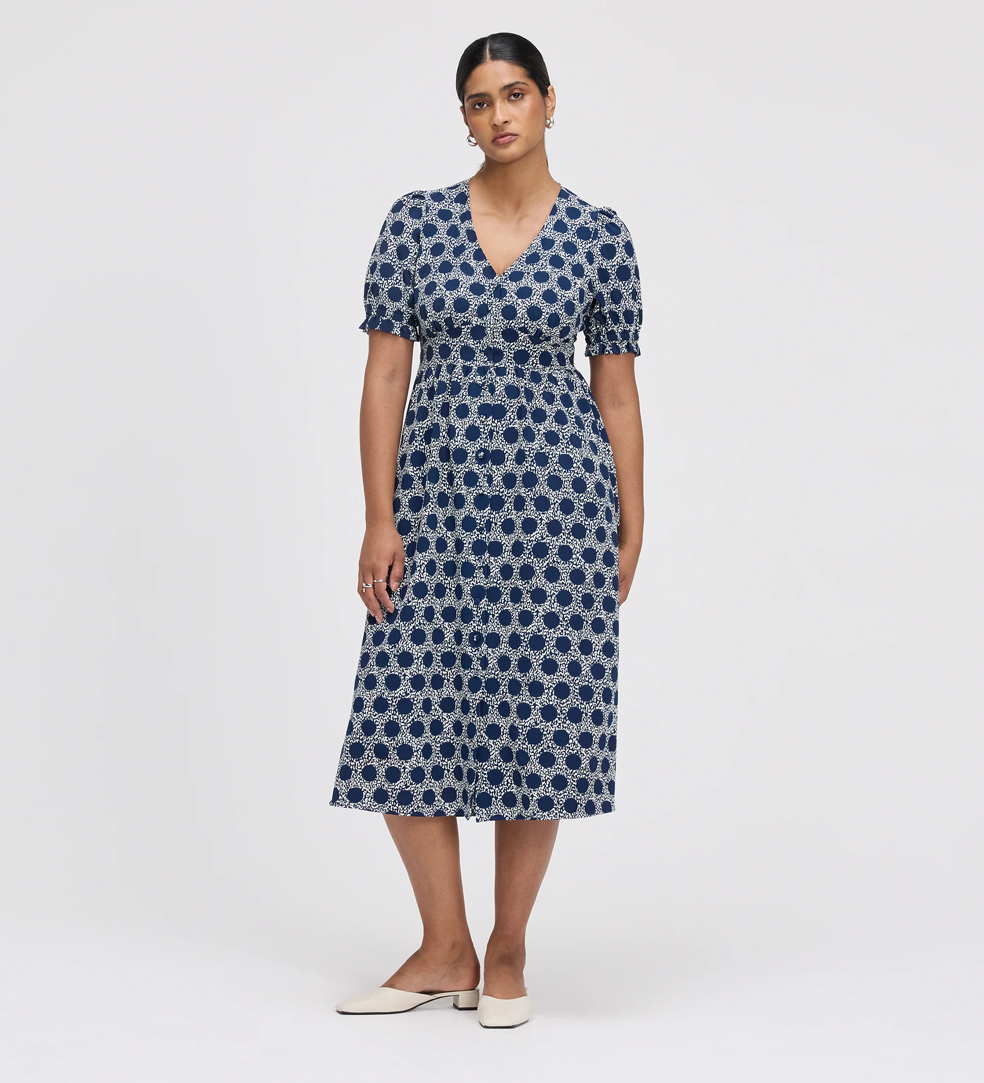 Samantha Navy Polka Dot Button Through Midi Dress - Image 3