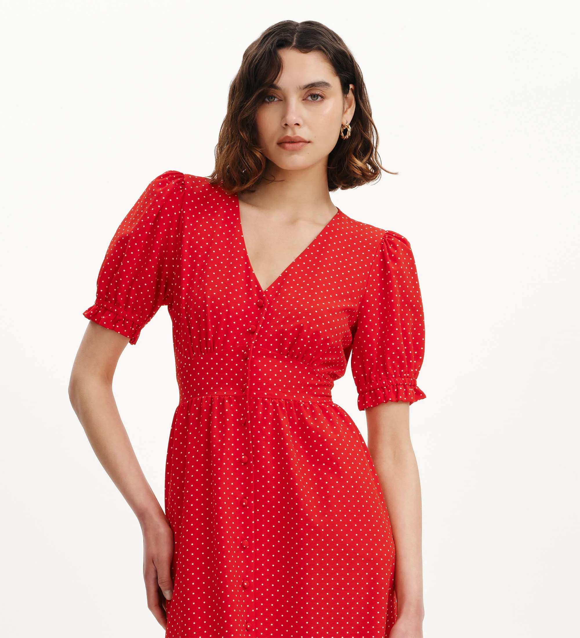 Samantha Red Polka Dot Button Through Midi Dress - Image 2