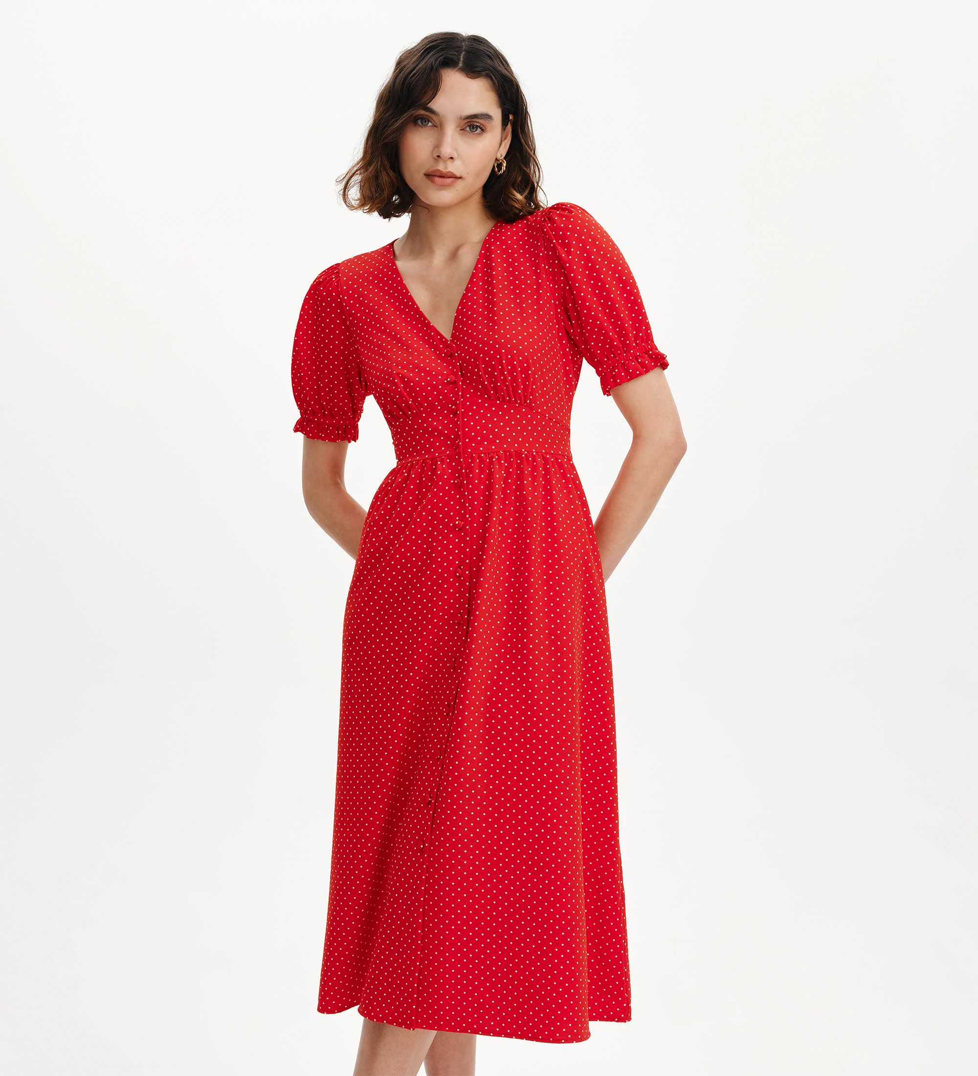 Samantha Red Polka Dot Button Through Midi Dress - Image 4
