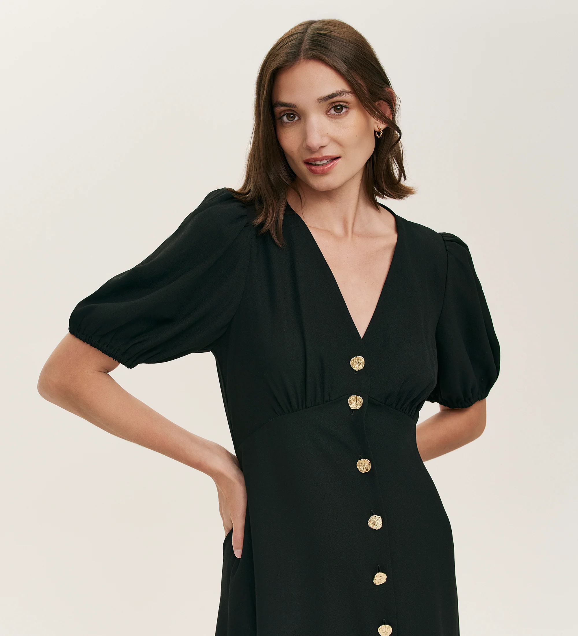 Sarah Black Crepe Button Through Midi Tea Dress - Image 2