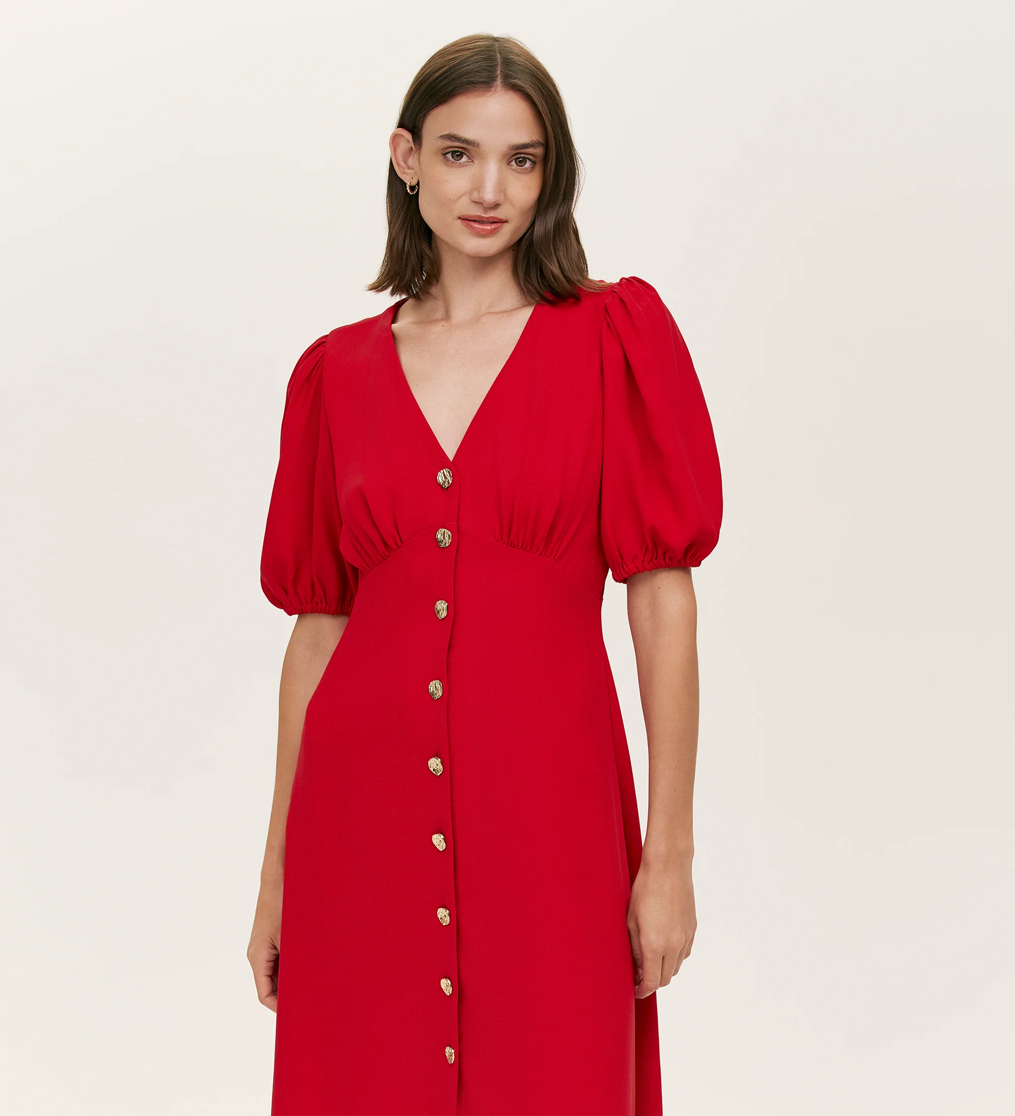 Sarah Red Crepe Button Through Midi Tea Dress - Image 2