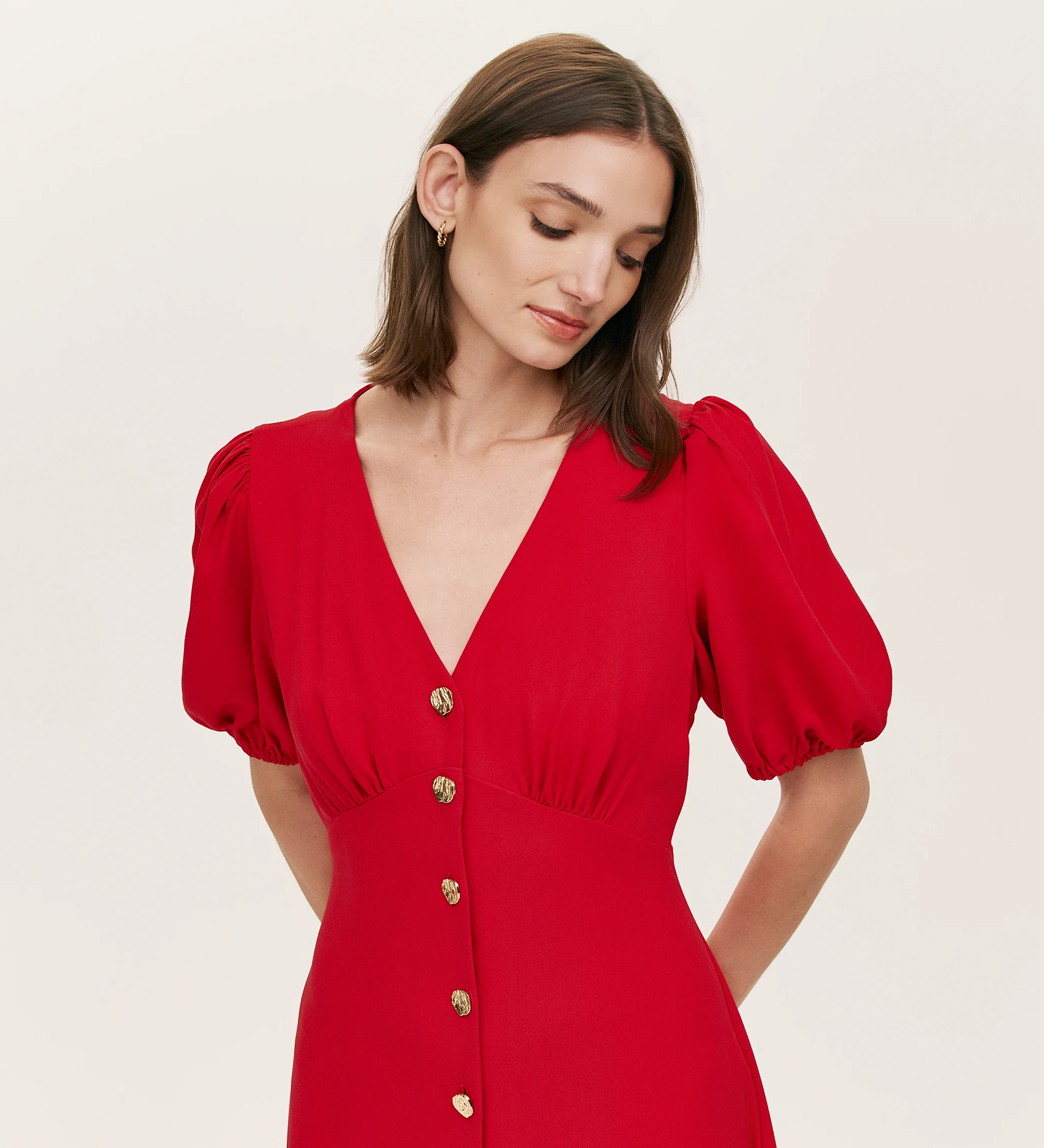 Sarah Red Crepe Button Through Midi Tea Dress - Image 3