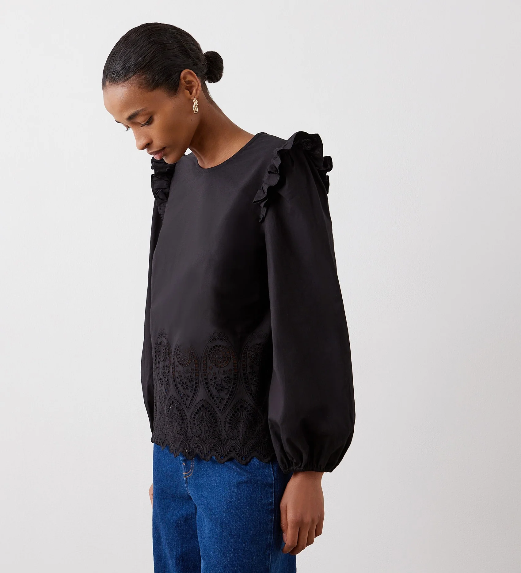 Serena Black Broderie Anglaise Cotton Blouse - Image 3