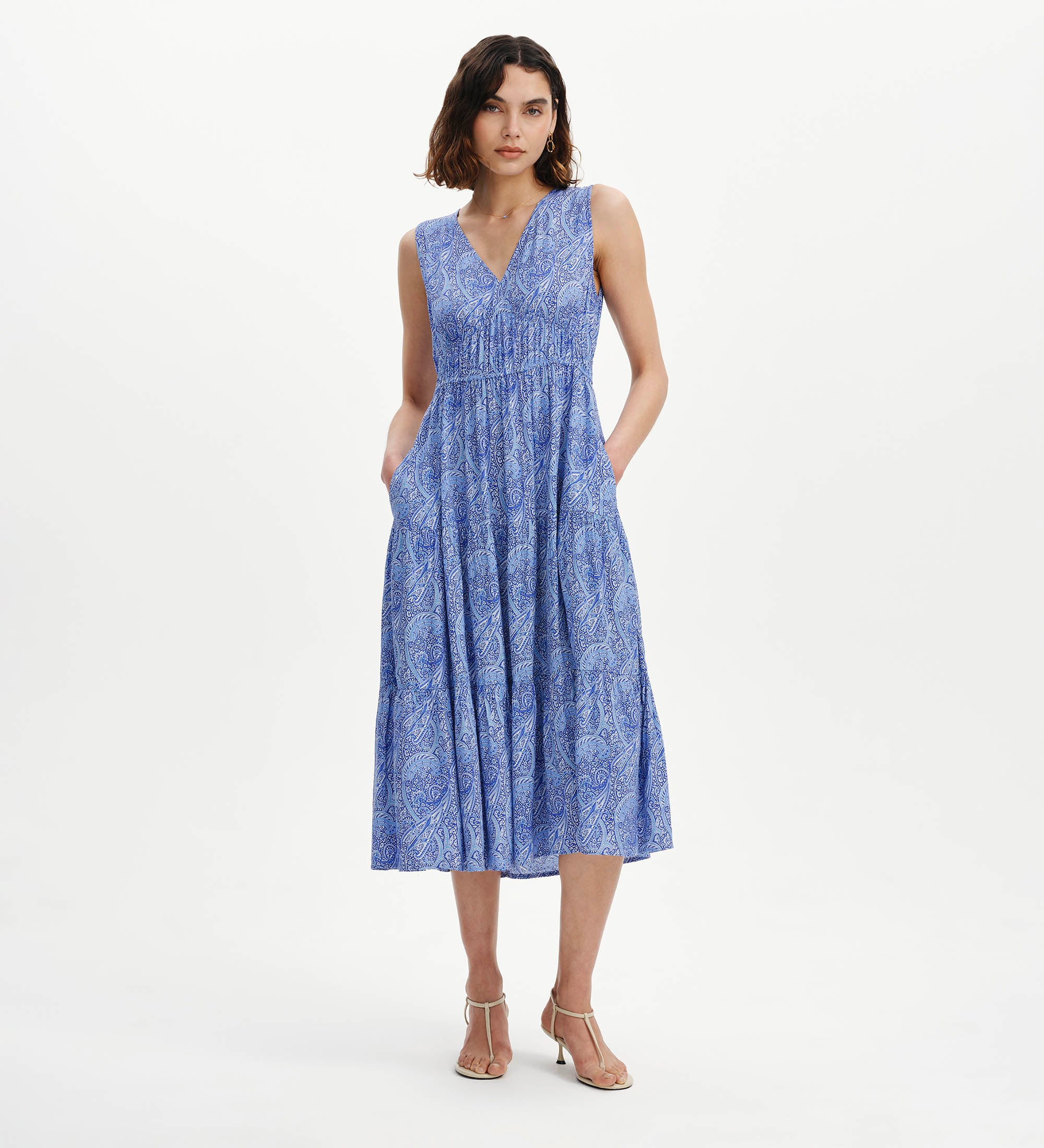 Stacey Blue Paisley Sleeveless Tiered Midi Dress - Image 4
