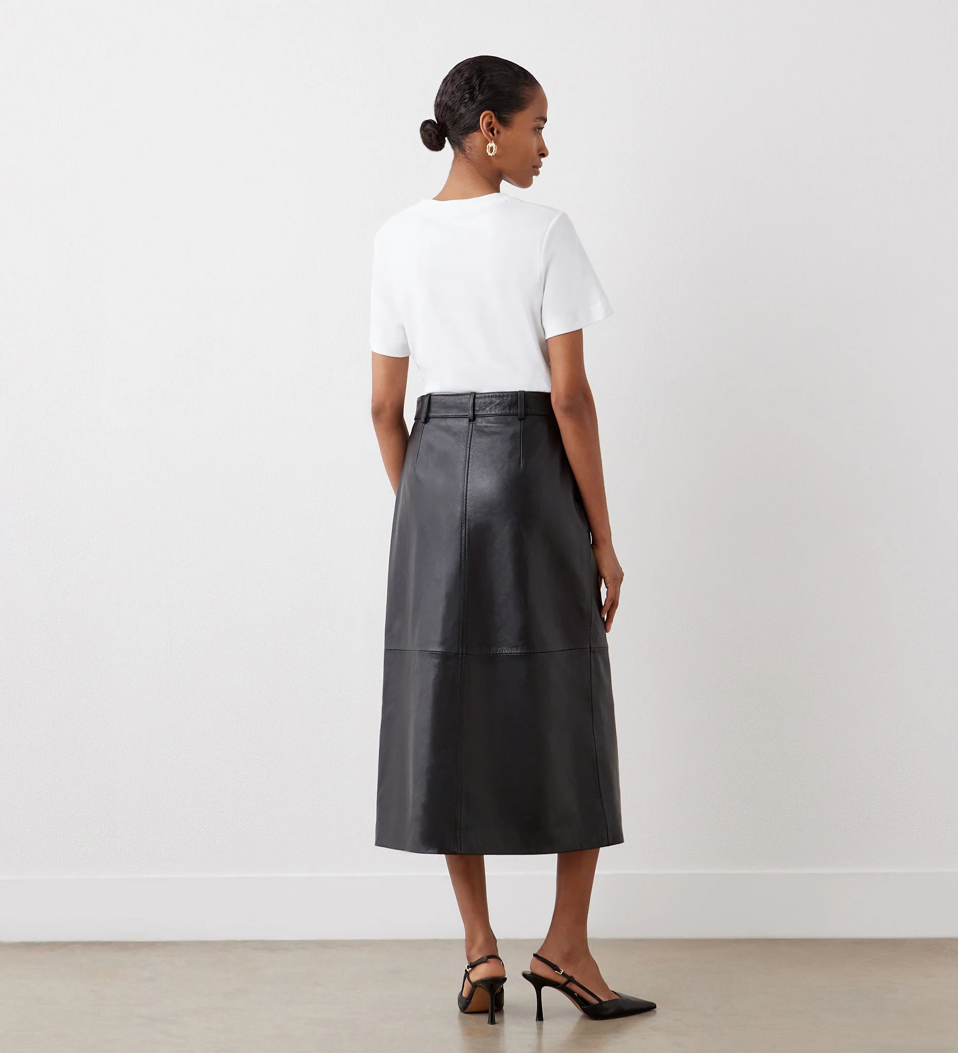 Sylvia Black High Waisted Leather Midi Skirt - Image 4