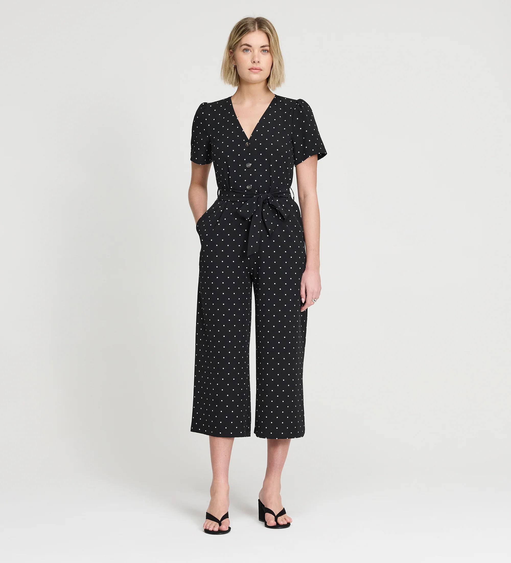 Uma Black Polka Dot Belted Wide Leg Jumpsuit - Image 4