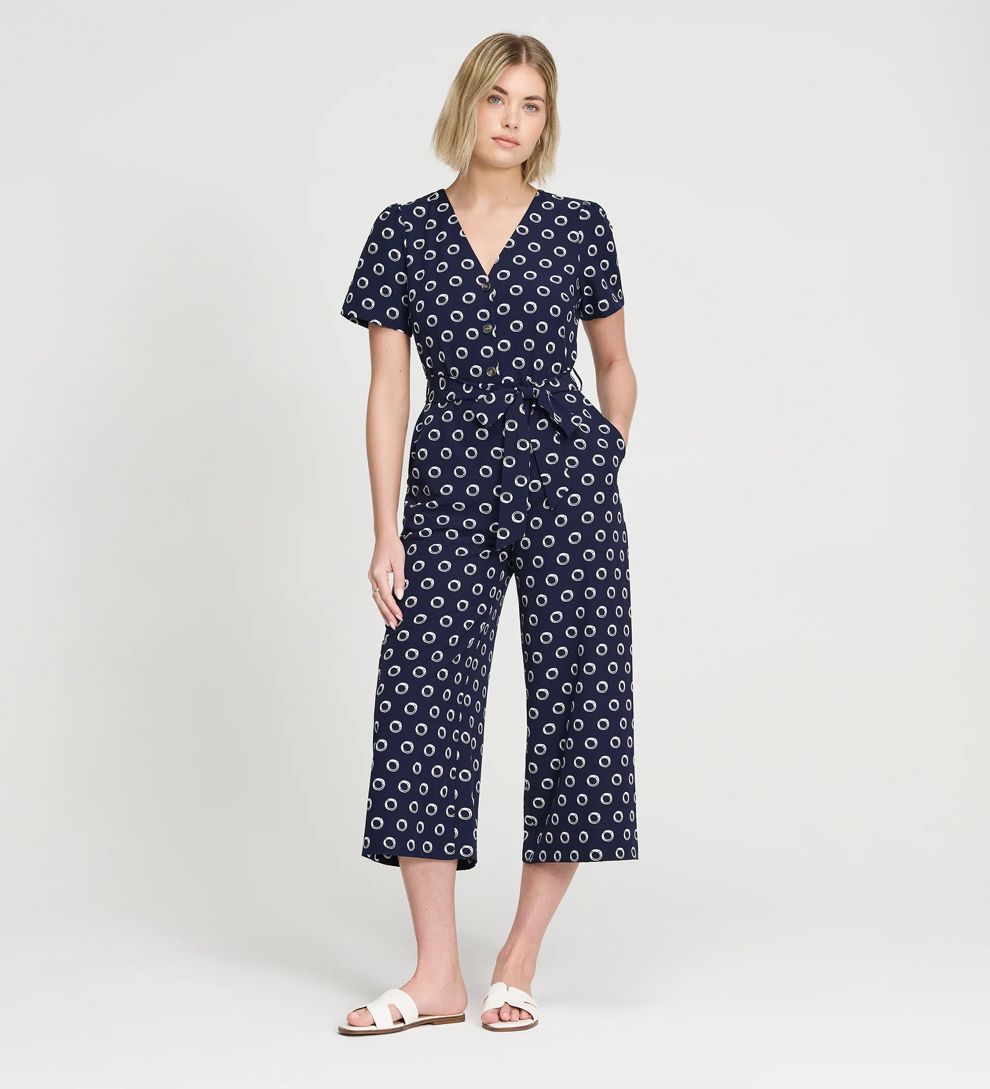 Uma Navy Polka Dot Belted Wide Leg Jumpsuit - Image 4