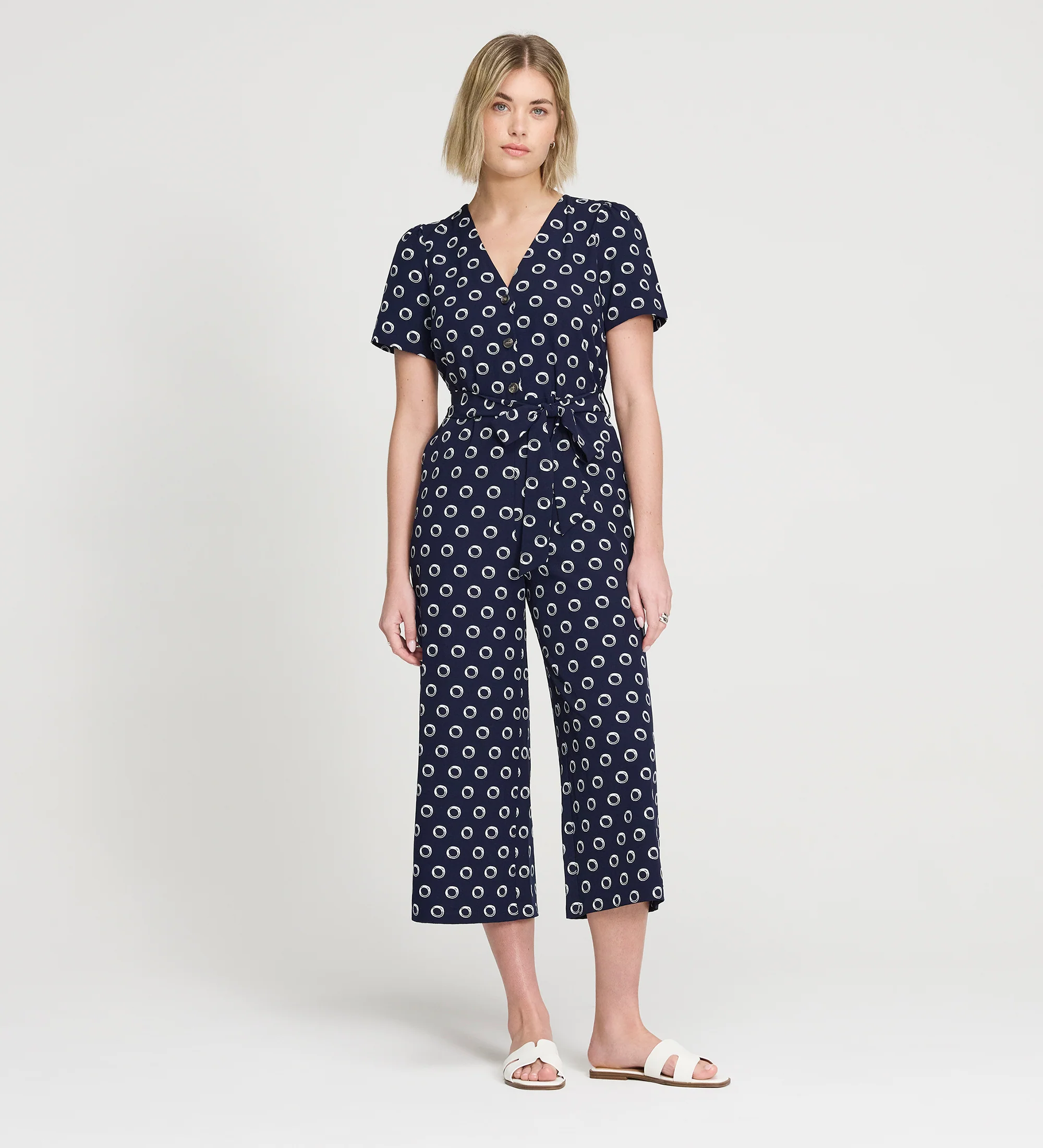 Uma Navy Polka Dot Belted Wide Leg Jumpsuit - Image 6