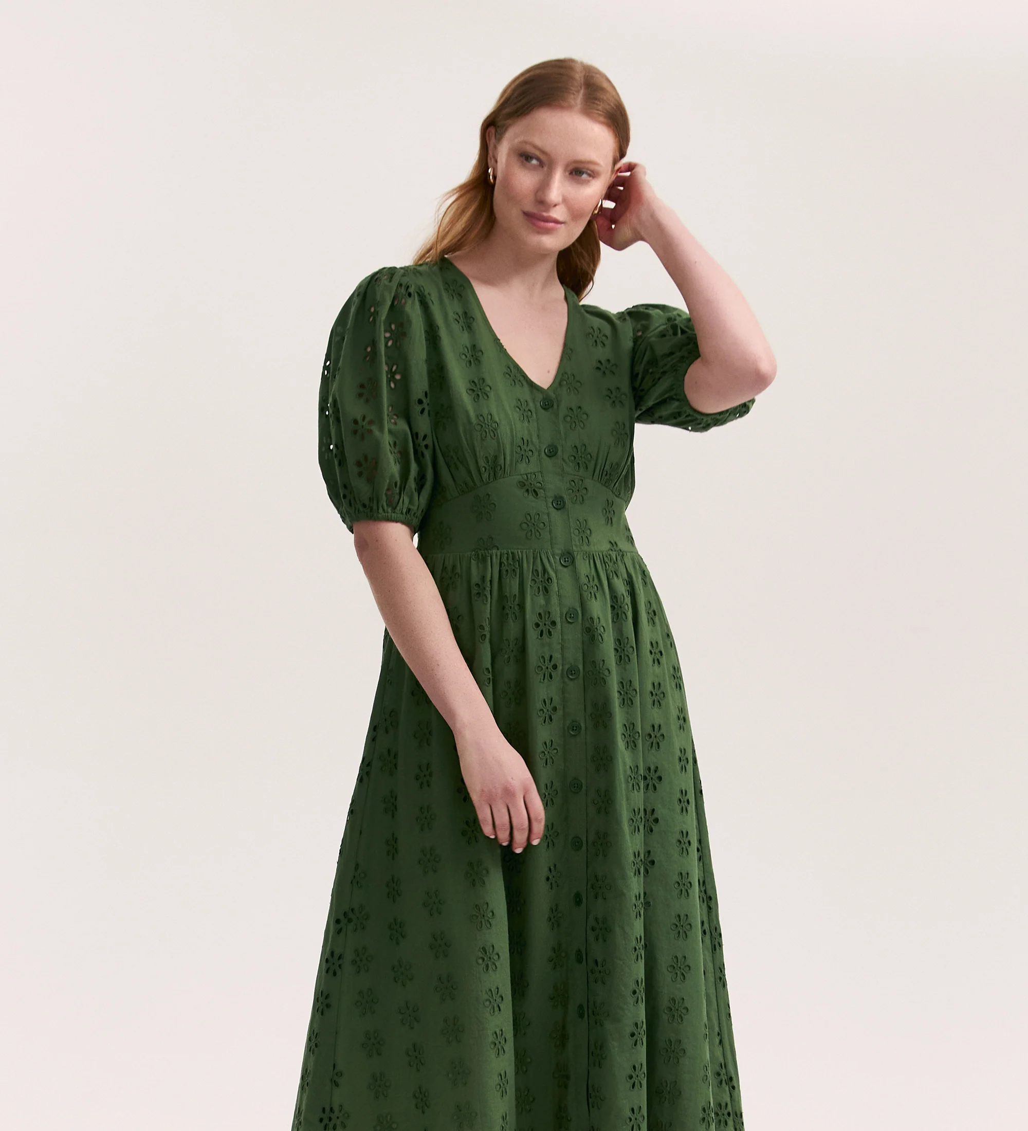 Una Embroidered Cotton Khaki Midi Tea Dress - Image 3