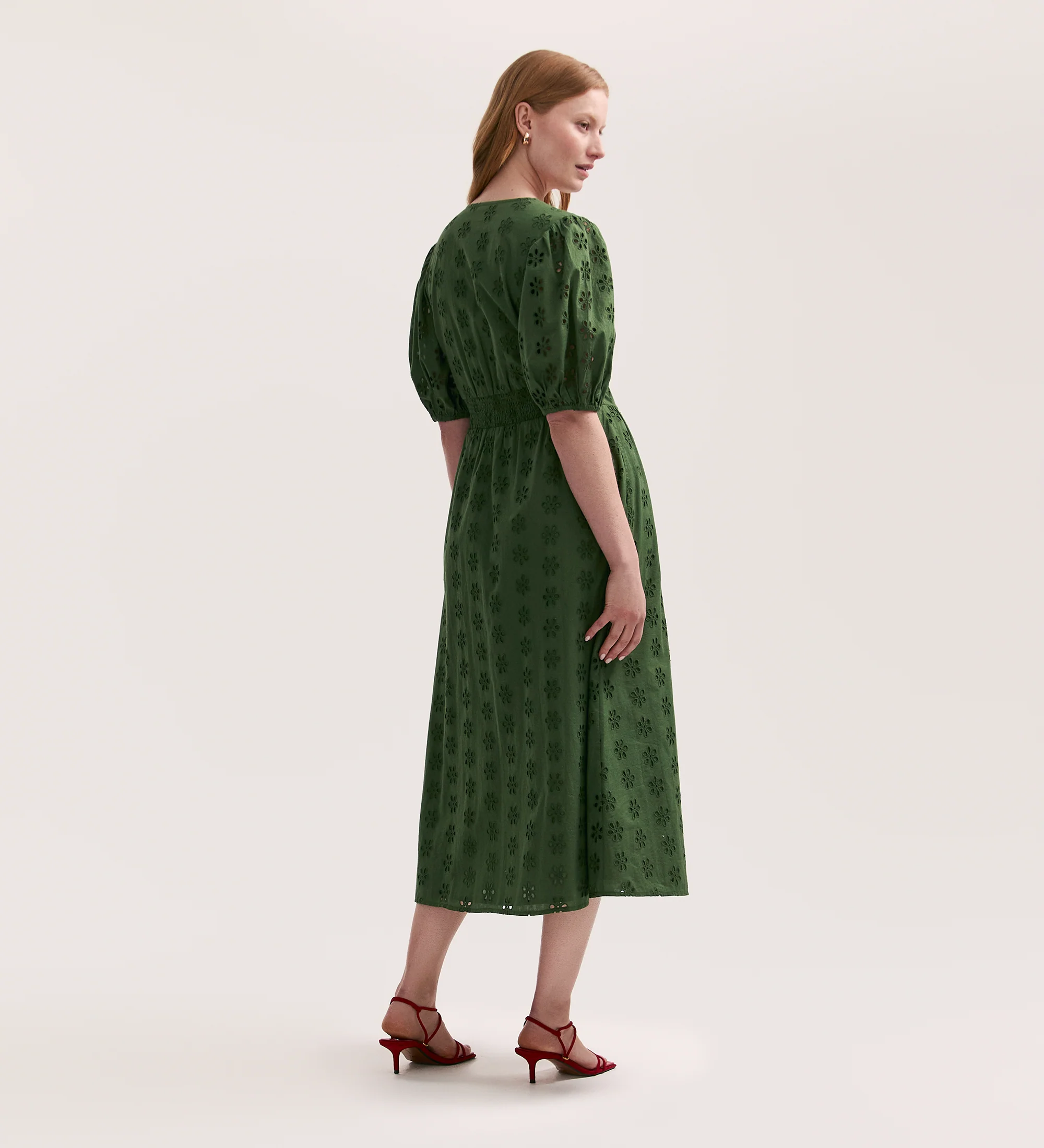 Una Embroidered Cotton Khaki Midi Tea Dress - Image 4