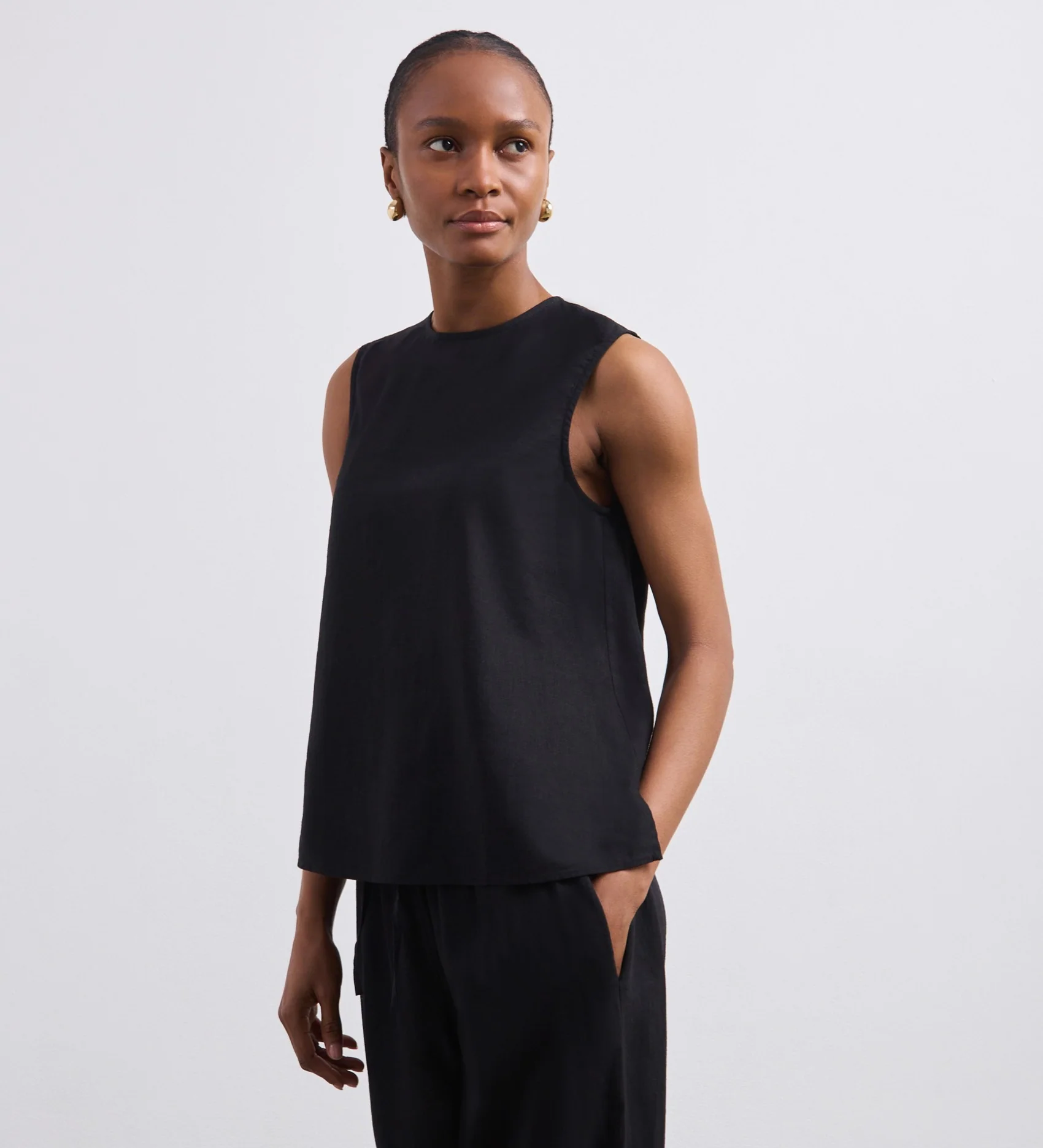 Vallie Black Linen Mix Sleeveless Top