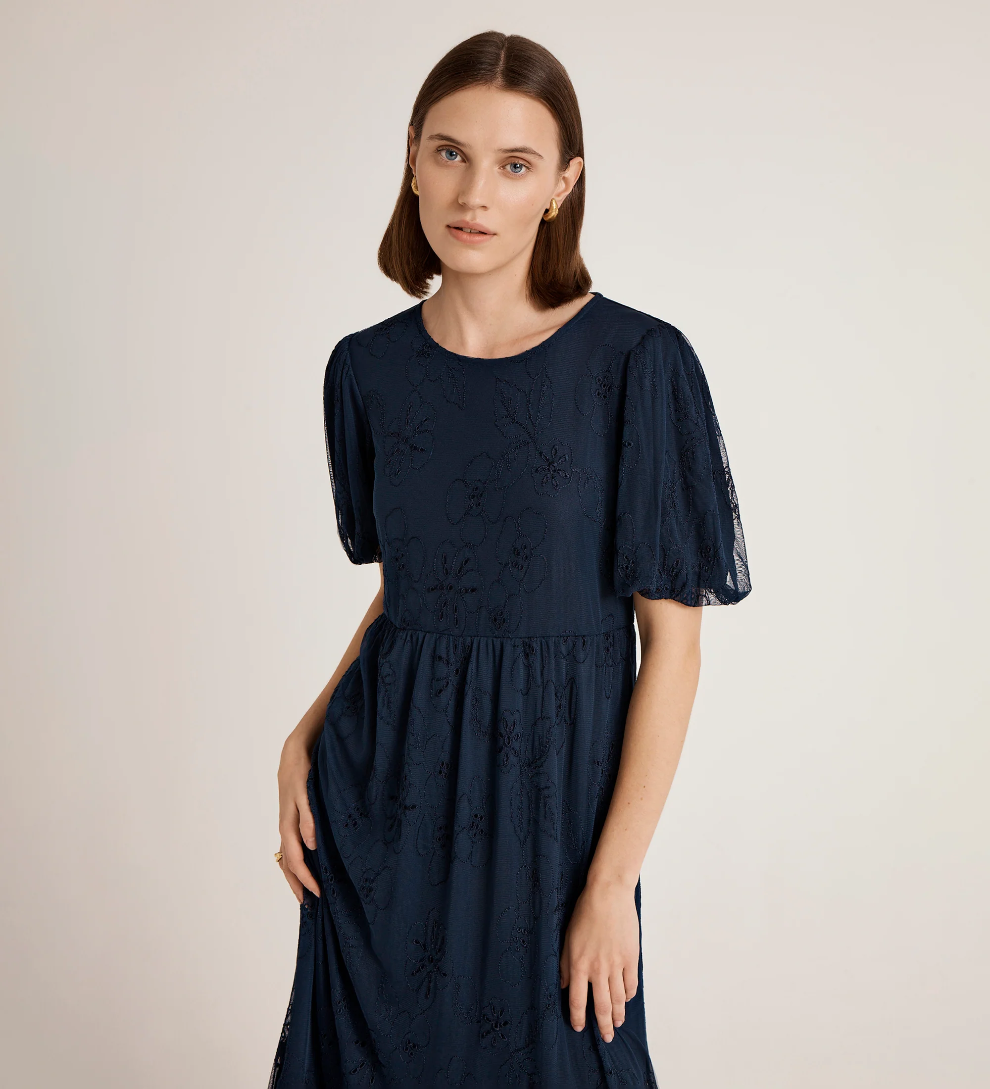 Yasmine Navy Mesh Midi Tea Dress - Image 3