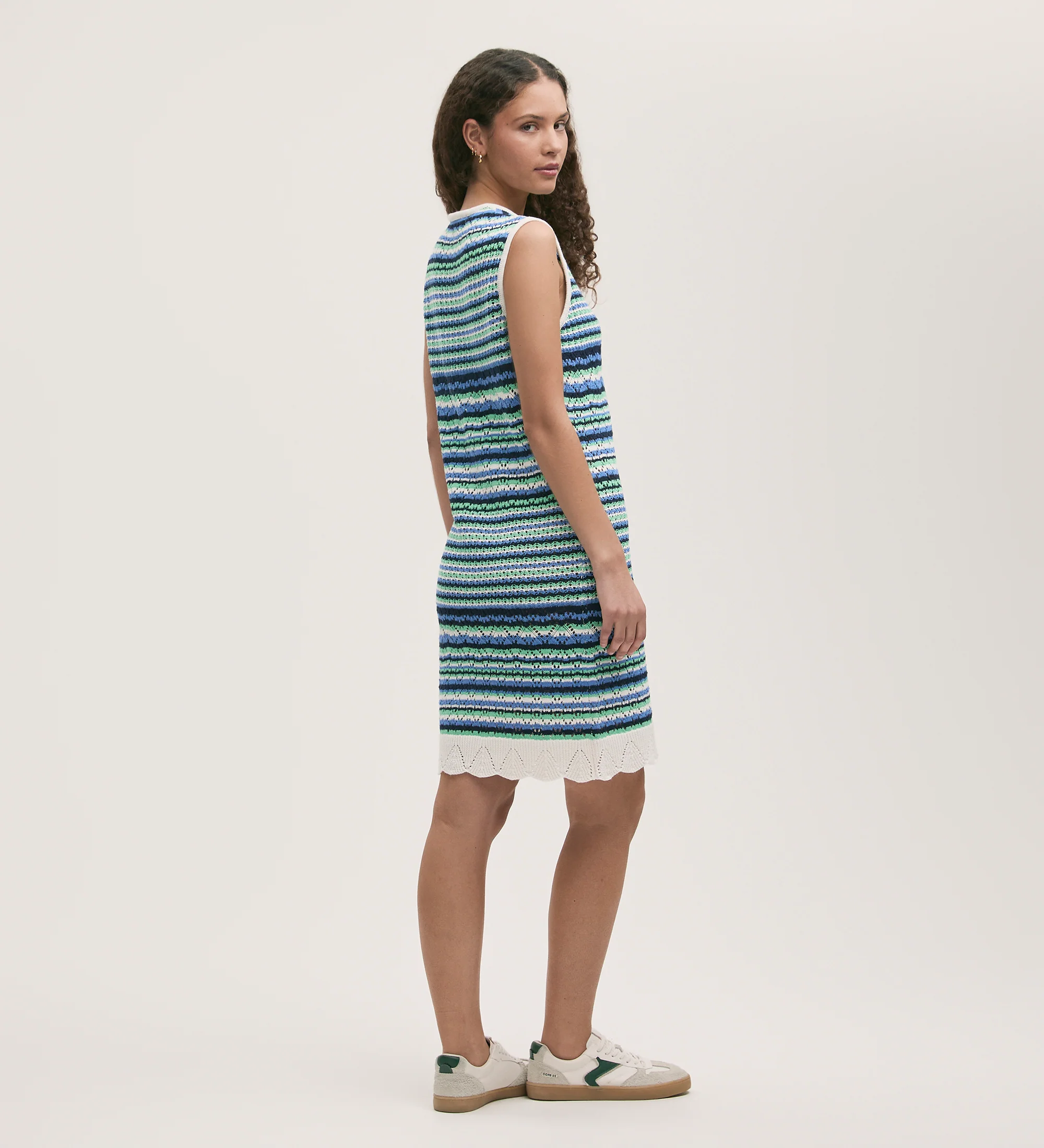 Zendaya Blue Striped Crochet Knee Length Dress - Image 5